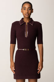 Elisabetta Franchi Abito Mini In Bouclé con Dettagli In Vinile e Cintura MERLOT AM31S57E2