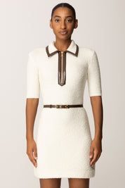 Elisabetta Franchi Abito Mini In Bouclé con Dettagli In Vinile e Cintura MILK/COFFEE AM31S57E2