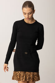 Twin-set Abito Mini In Maglia con Balza Animalier e Cintura 252TP3153 NERO/ST.ANIMALIER COFFEE/LAND