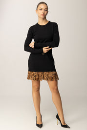 Twin-set Abito Mini In Maglia con Balza Animalier e Cintura 252TP3153 NERO/ST.ANIMALIER COFFEE/LAND