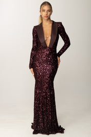 Elisabetta Franchi Abito Red Carpet Full Pailettes con Logo Gioiello ABR1356E2 MERLOT