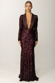 Elisabetta Franchi Abito Red Carpet Full Pailettes con Logo Gioiello ABR1356E2 MERLOT