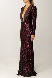 Elisabetta Franchi Abito Red Carpet Full Pailettes con Logo Gioiello ABR1356E2 MERLOT