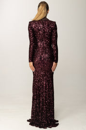 Elisabetta Franchi Abito Red Carpet Full Pailettes con Logo Gioiello ABR1356E2 MERLOT