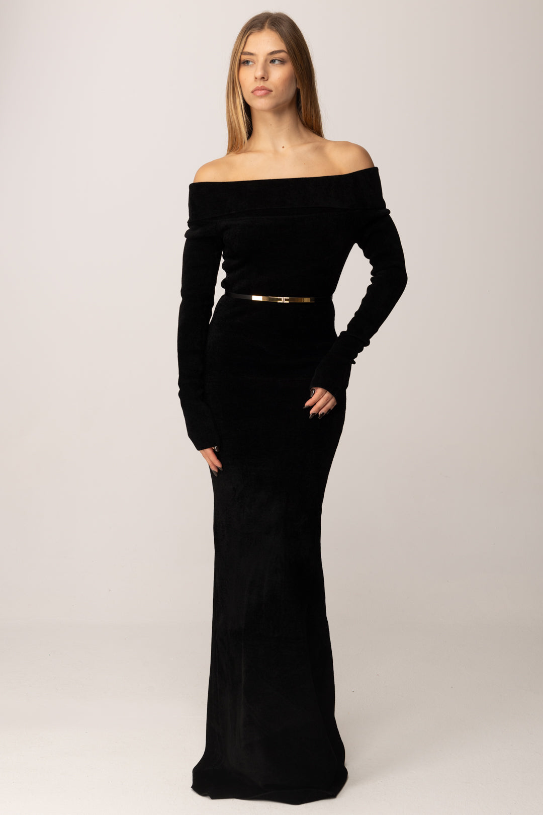 Elisabetta Franchi Abito Red Carpet In Ciniglia con Cintura AM34S57E2 NERO