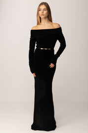 Elisabetta Franchi Abito Red Carpet In Ciniglia con Cintura AM34S57E2 NERO