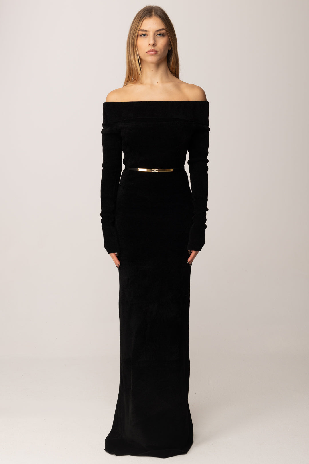 Elisabetta Franchi Abito Red Carpet In Ciniglia con Cintura AM34S57E2 NERO