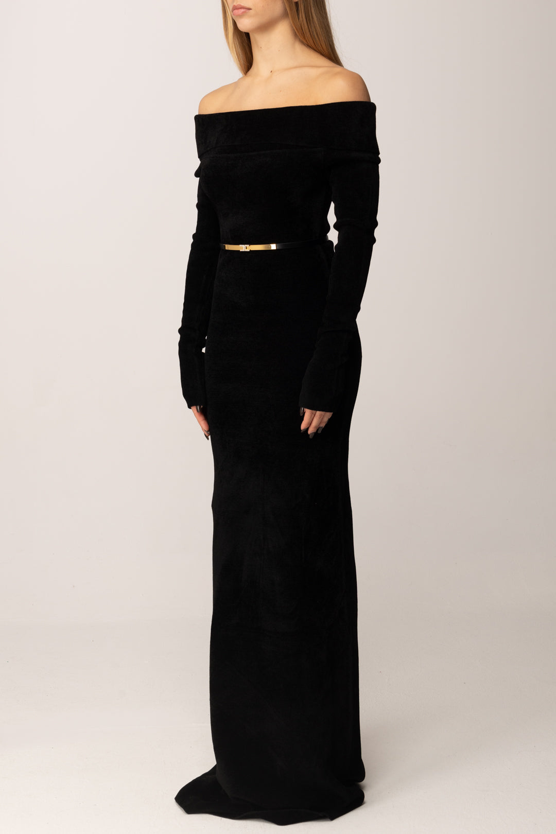 Elisabetta Franchi Abito Red Carpet In Ciniglia con Cintura AM34S57E2 NERO