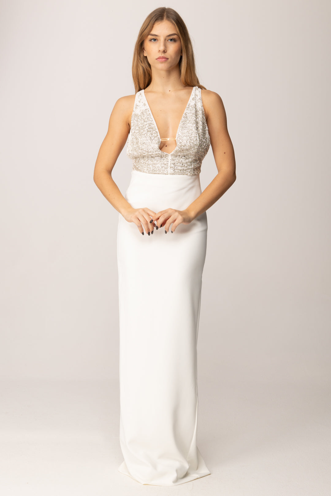 Elisabetta Franchi Abito Red Carpet In Georgette e Crêpe con Cristalli ABR2457E2 AVORIO