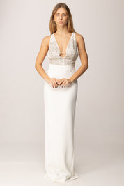 Elisabetta Franchi Abito Red Carpet In Georgette e Crêpe con Cristalli ABR2457E2 AVORIO