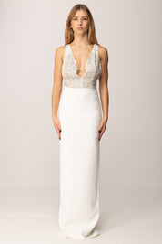 Elisabetta Franchi Abito Red Carpet In Georgette e Crêpe con Cristalli ABR2457E2 AVORIO