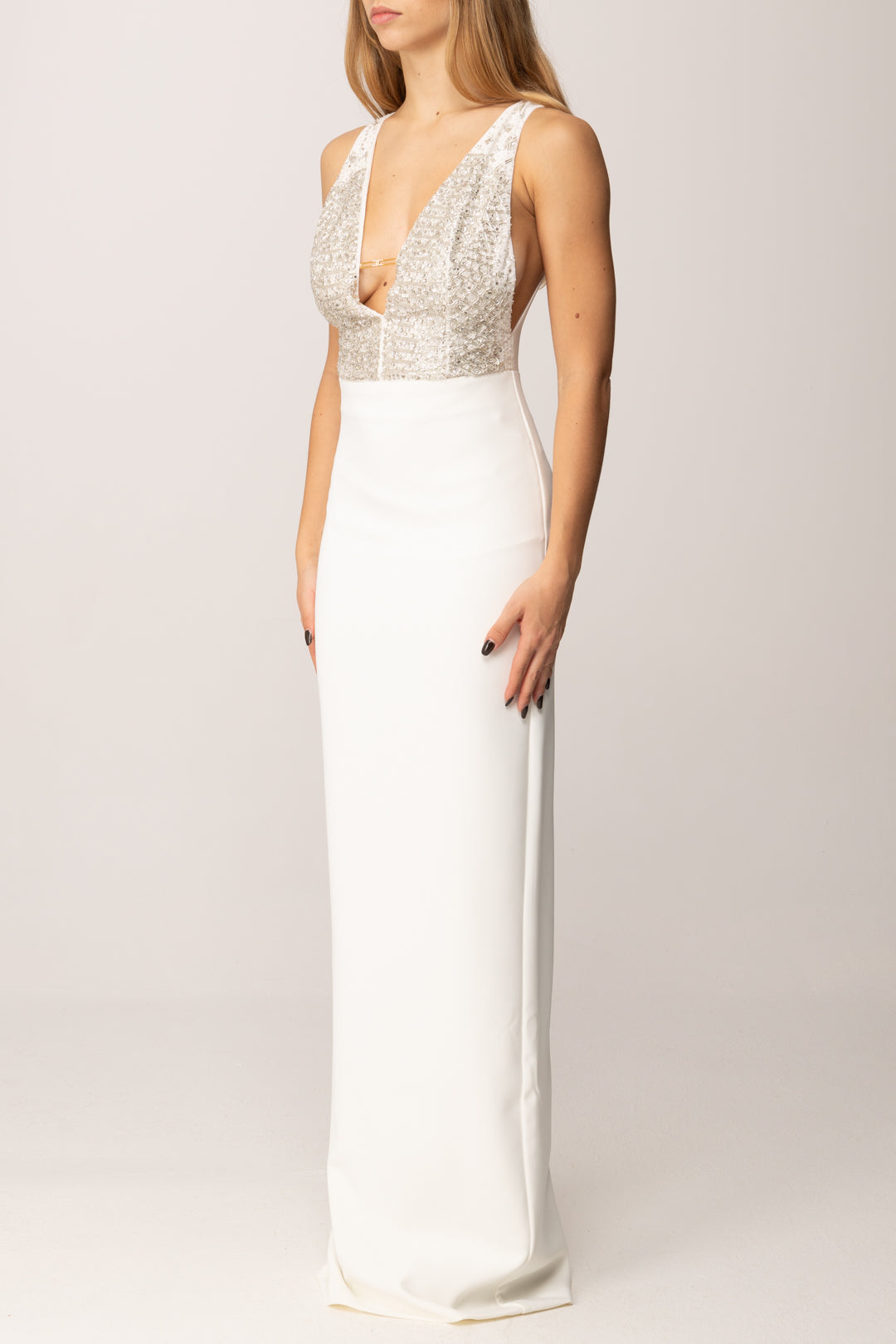 Elisabetta Franchi Abito Red Carpet In Georgette e Crêpe con Cristalli ABR2457E2 AVORIO