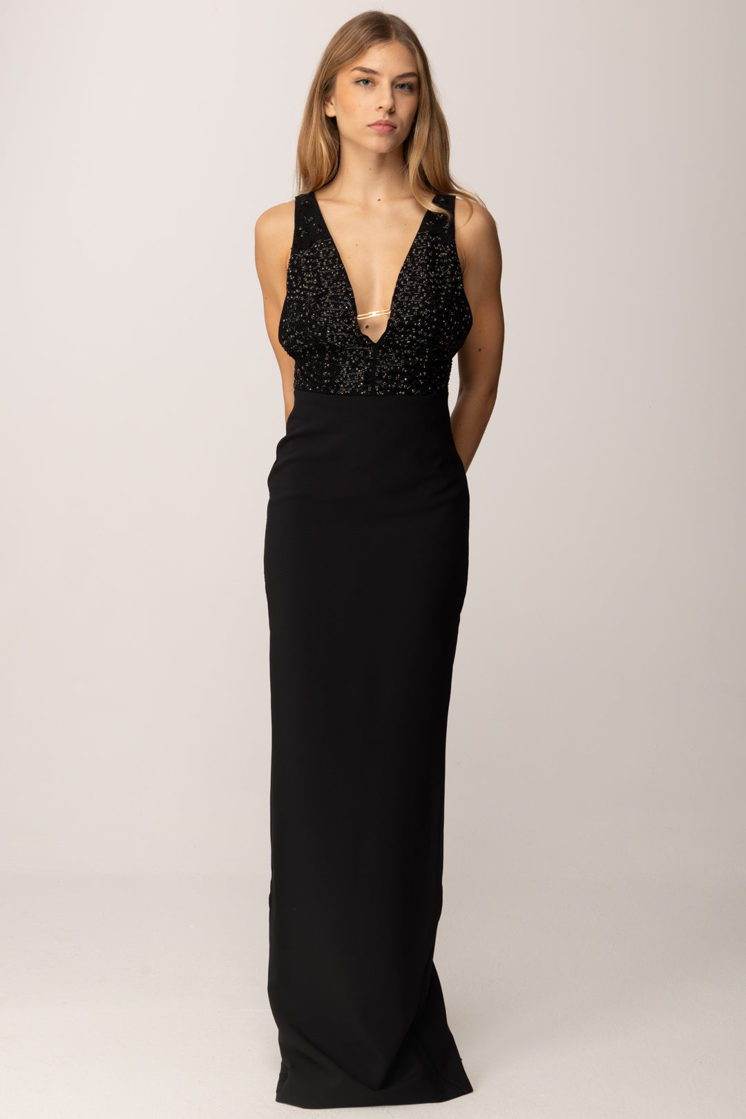 ELISABETTA FRANCHI Abito Red Carpet In Georgette e Crêpe con Cristalli ABR2457E2 NERO