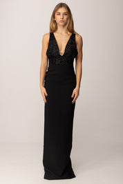 ELISABETTA FRANCHI Abito Red Carpet In Georgette e Crêpe con Cristalli ABR2457E2 NERO