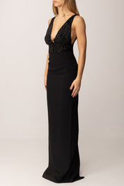 ELISABETTA FRANCHI Abito Red Carpet In Georgette e Crêpe con Cristalli ABR2457E2 NERO