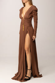 Elisabetta Franchi Abito Red Carpet In Jersey Lurex con Collana BROWN SUGAR ABR4057E2