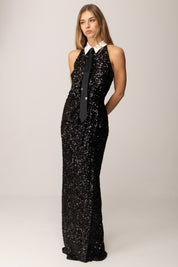 Elisabetta Franchi Abito Red Carpet In Paillettes con Cravatta ABR3257E2 NERO