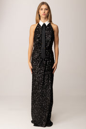 Elisabetta Franchi Abito Red Carpet In Paillettes con Cravatta ABR3257E2 NERO