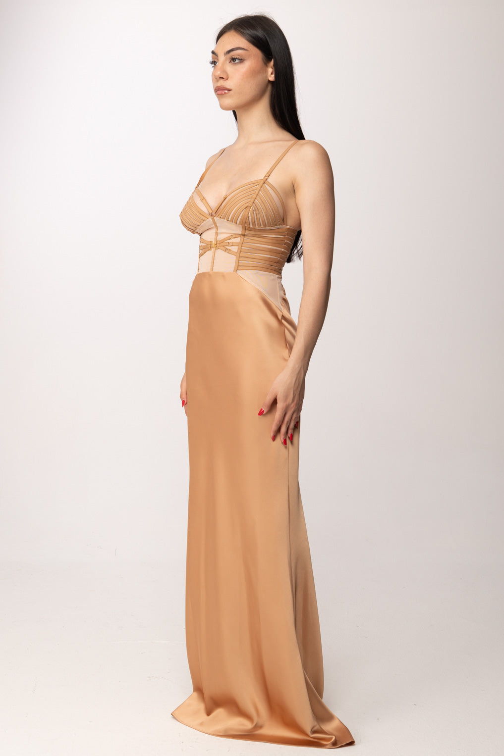 Elisabetta Franchi Abito Red Carpet In Raso con Elastici e Tulle ABR5362E2 SUEDE