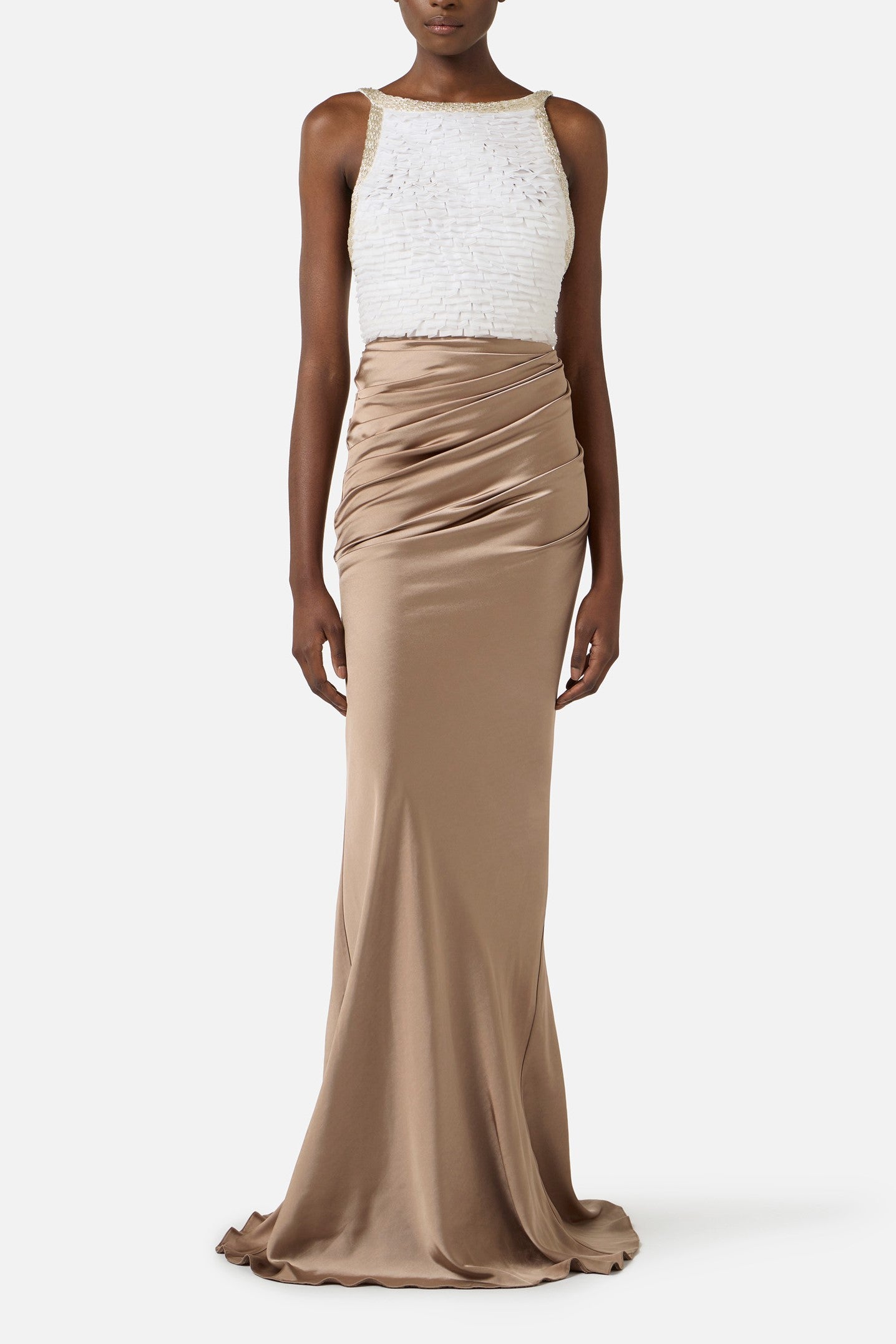 Elisabetta Franchi Abito Red Carpet In Raso e Tulle con Ricamo AVORIO/ARGILLA ABR1762E2