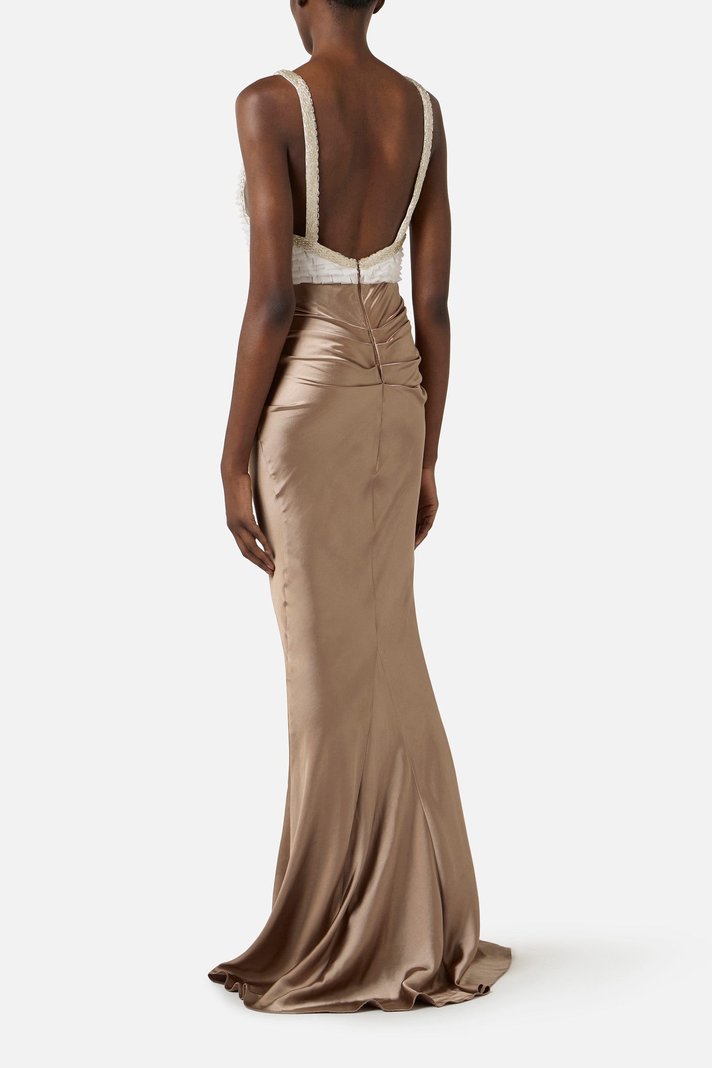 Elisabetta Franchi Abito Red Carpet In Raso e Tulle con Ricamo AVORIO/ARGILLA ABR1762E2