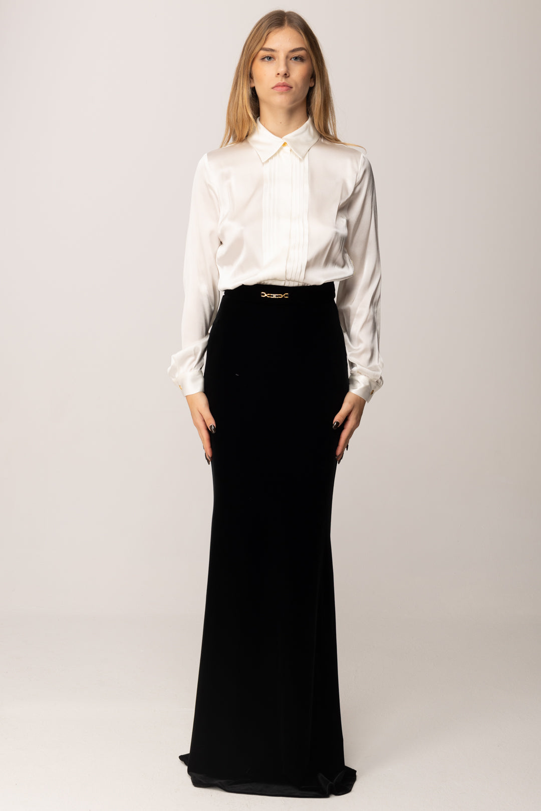 Elisabetta Franchi Abito Red Carpet Top Camicia e Gonna In Velluto ABR4657E2 AVORIO/NERO