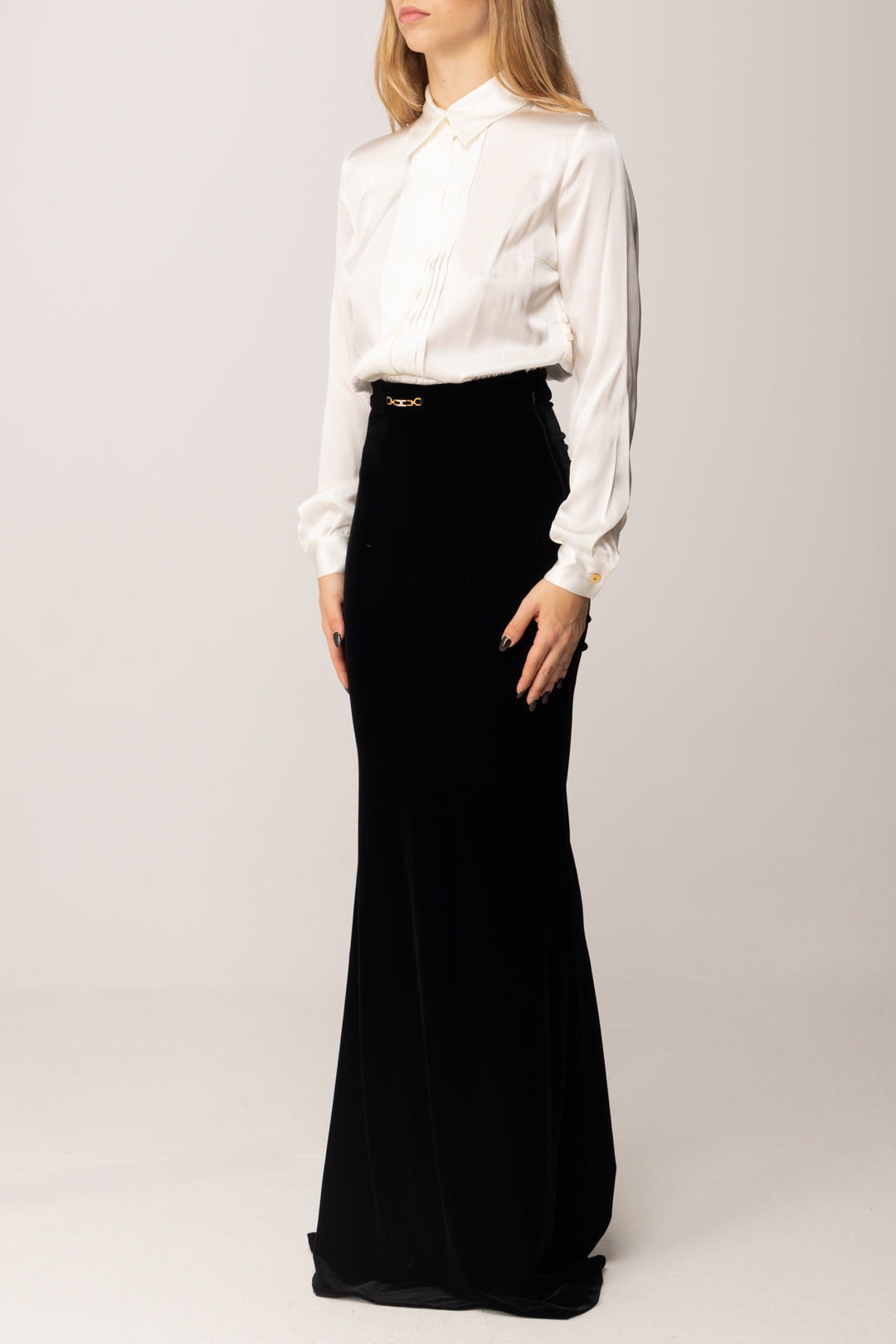 Elisabetta Franchi Abito Red Carpet Top Camicia e Gonna In Velluto ABR4657E2 AVORIO/NERO