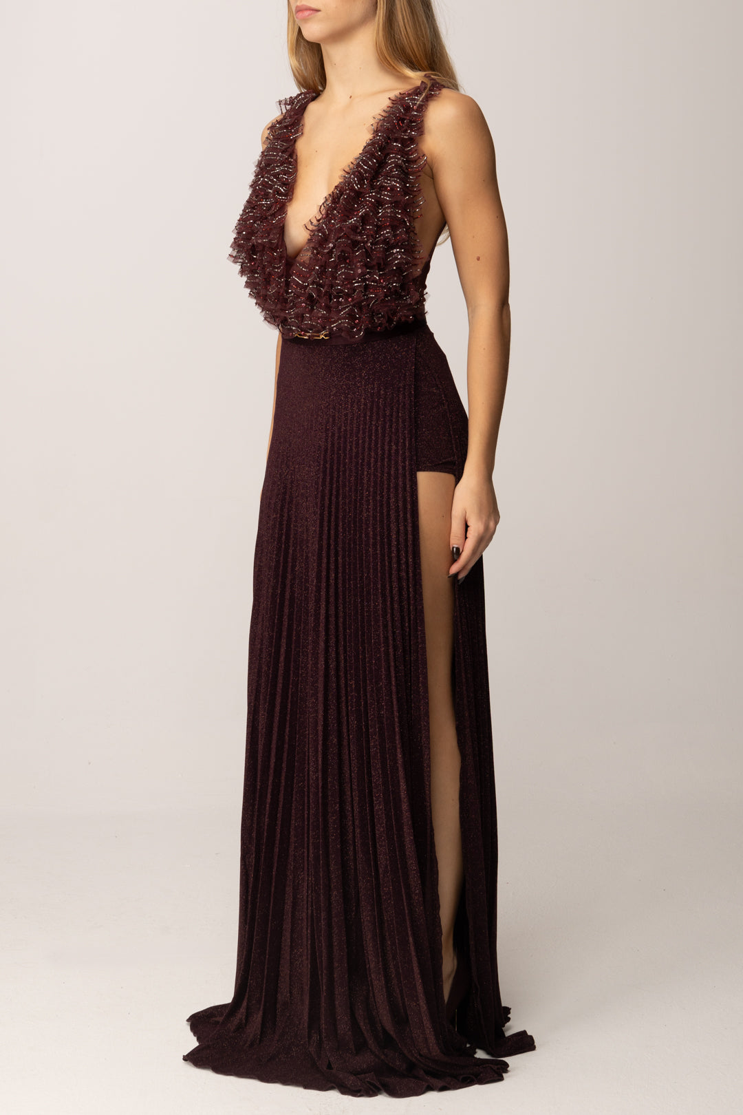 Elisabetta Franchi Abito Red Carpet Top In Tulle e Gonna Plissé MERLOT ABR1957E2