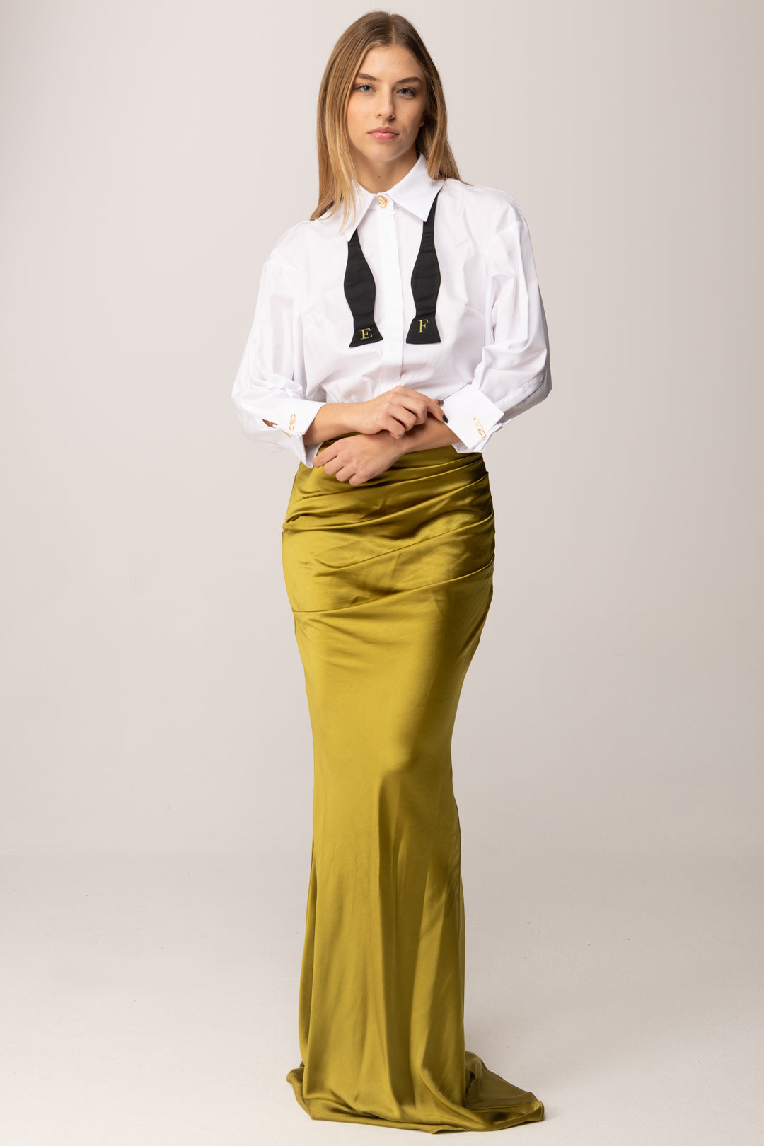 Elisabetta Franchi Abito Red Carpet con Camicia e Papillon ABR3957E2 BIANCO/IGUANA