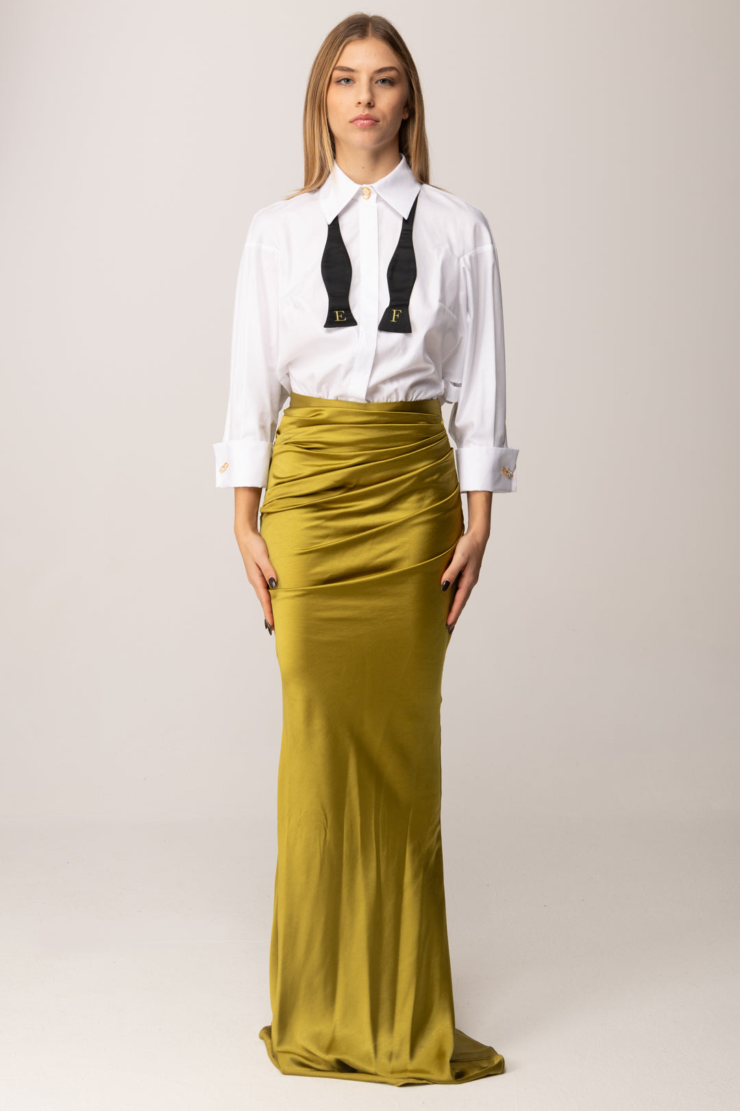 Elisabetta Franchi Abito Red Carpet con Camicia e Papillon ABR3957E2 BIANCO/IGUANA