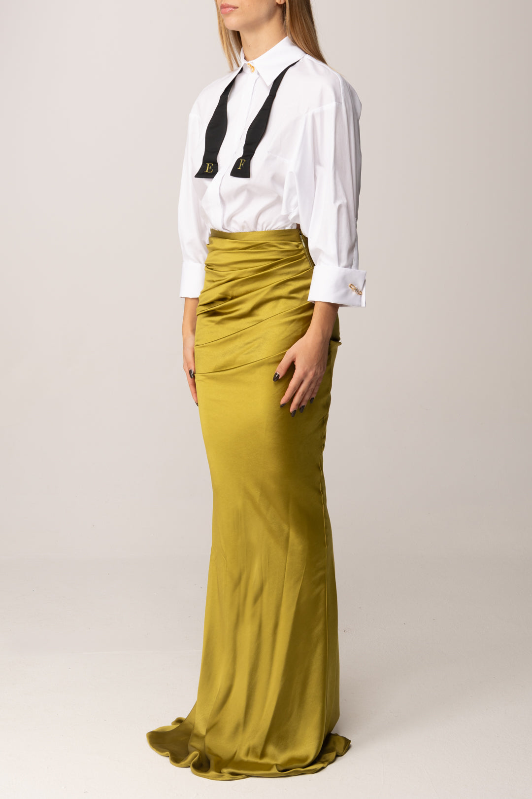 Elisabetta Franchi Abito Red Carpet con Camicia e Papillon ABR3957E2 BIANCO/IGUANA