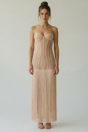Elisabetta Franchi Abito Red Carpet con Frange Lunghe ABR3763E2 NUDE