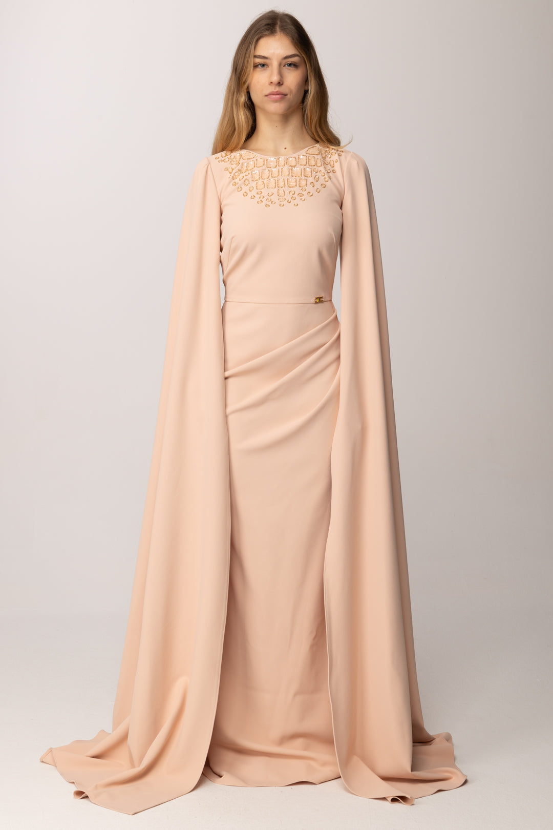 Elisabetta Franchi Abito Red Carpet con Maniche Ampie e Ricamo AB96565E2 NUDE