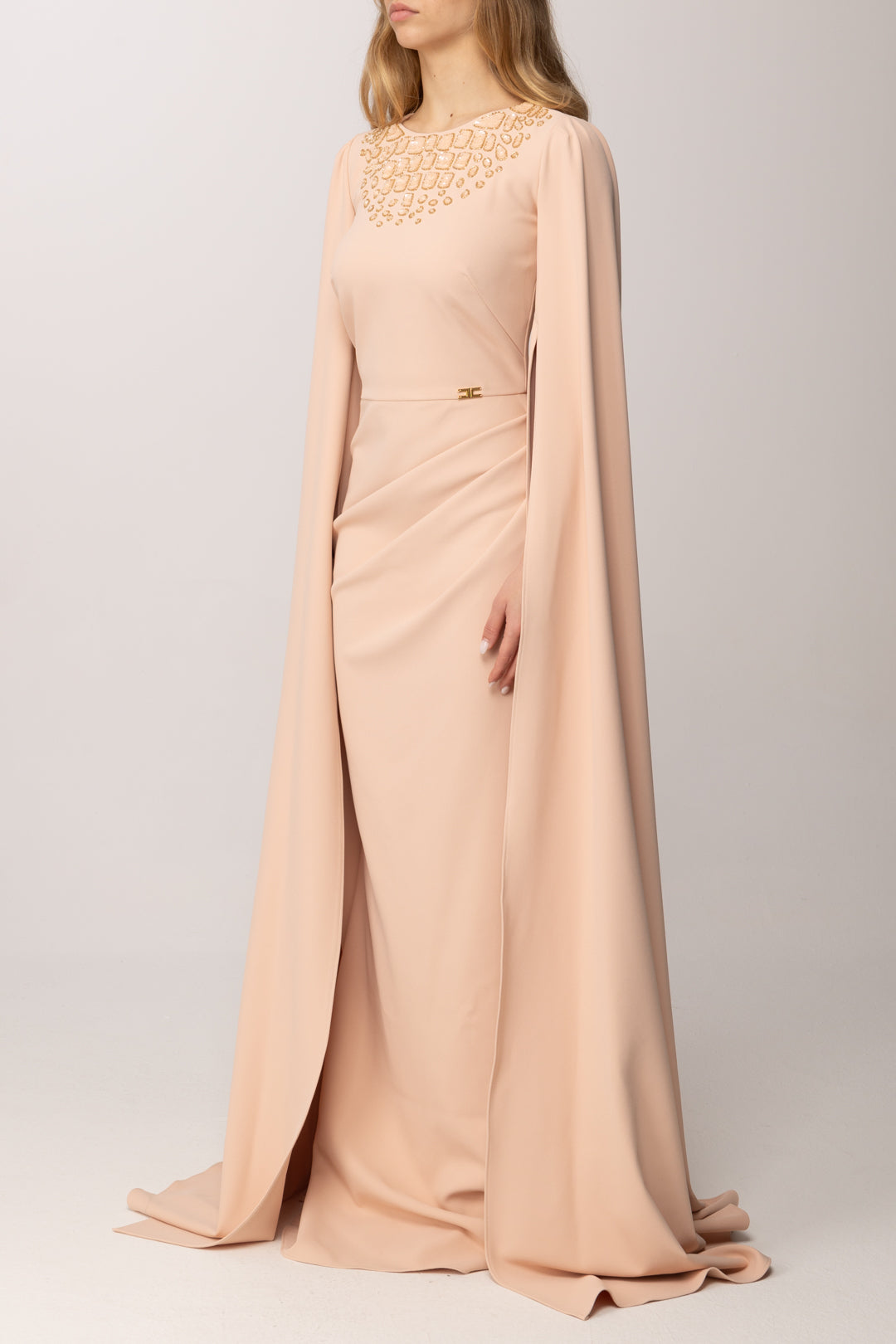 Elisabetta Franchi Abito Red Carpet con Maniche Ampie e Ricamo AB96565E2 NUDE