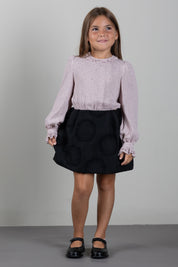 Elisabetta Franchi Bambina Abito con Microstampa e Gonna Jacquard MARSHMALLOW-NERO/NERO
