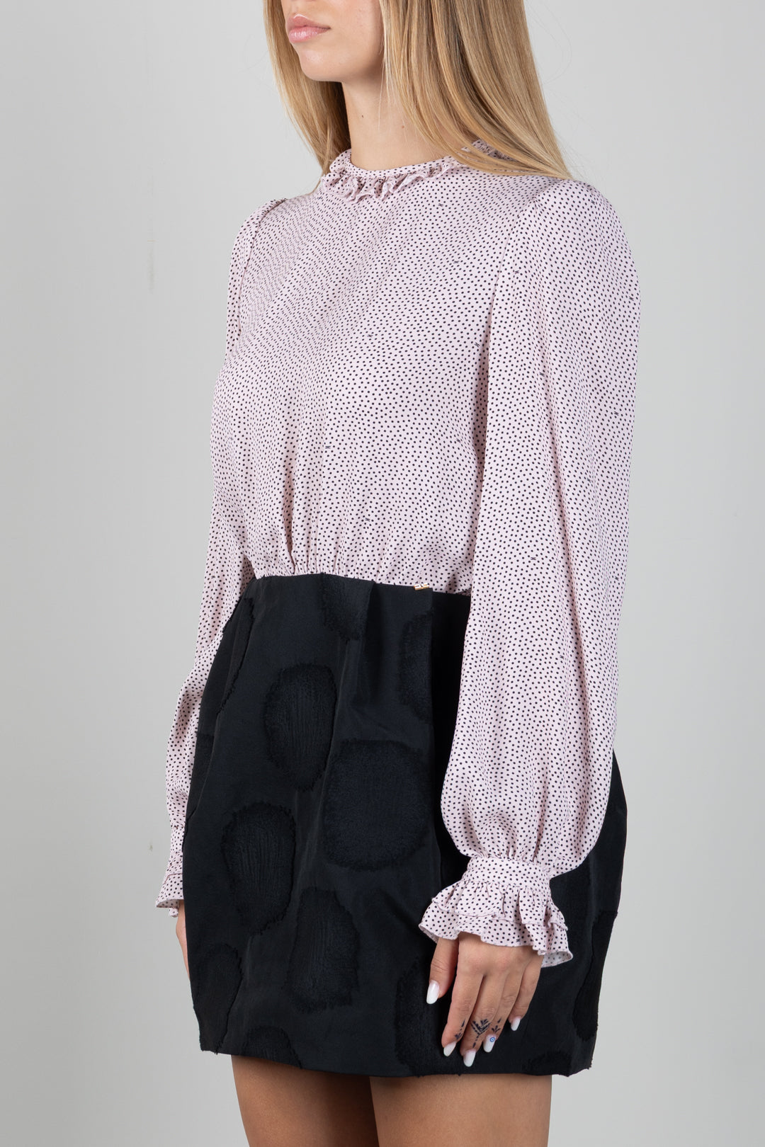 Elisabetta Franchi Bambina Abito con Microstampa e Gonna Jacquard MARSHMALLOW-NERO/NERO