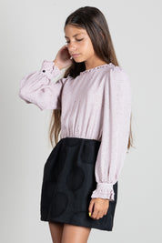 Elisabetta Franchi Bambina Abito con Microstampa e Gonna Jacquard MARSHMALLOW-NERO/NERO