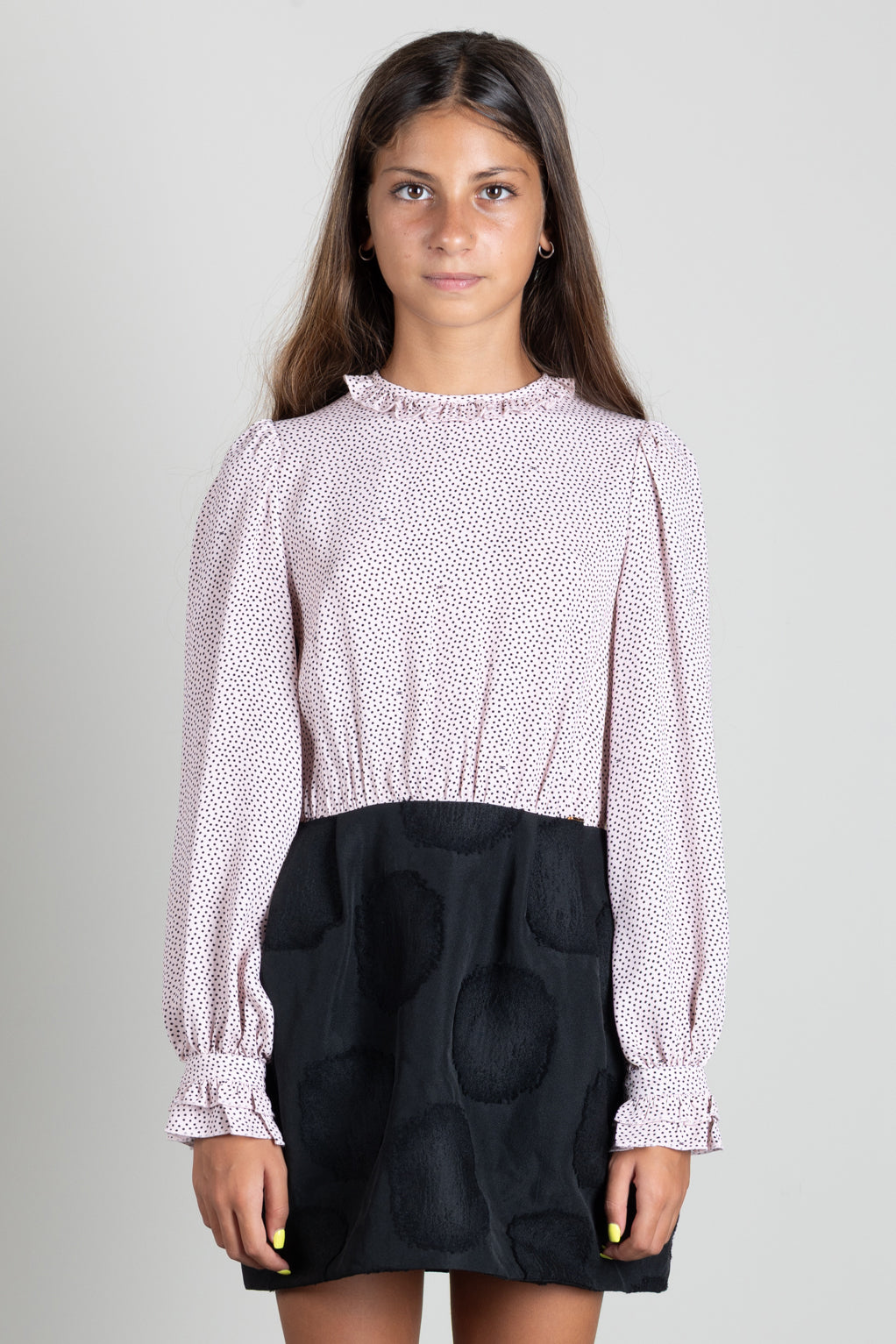 Elisabetta Franchi Bambina Abito con Microstampa e Gonna Jacquard MARSHMALLOW-NERO/NERO