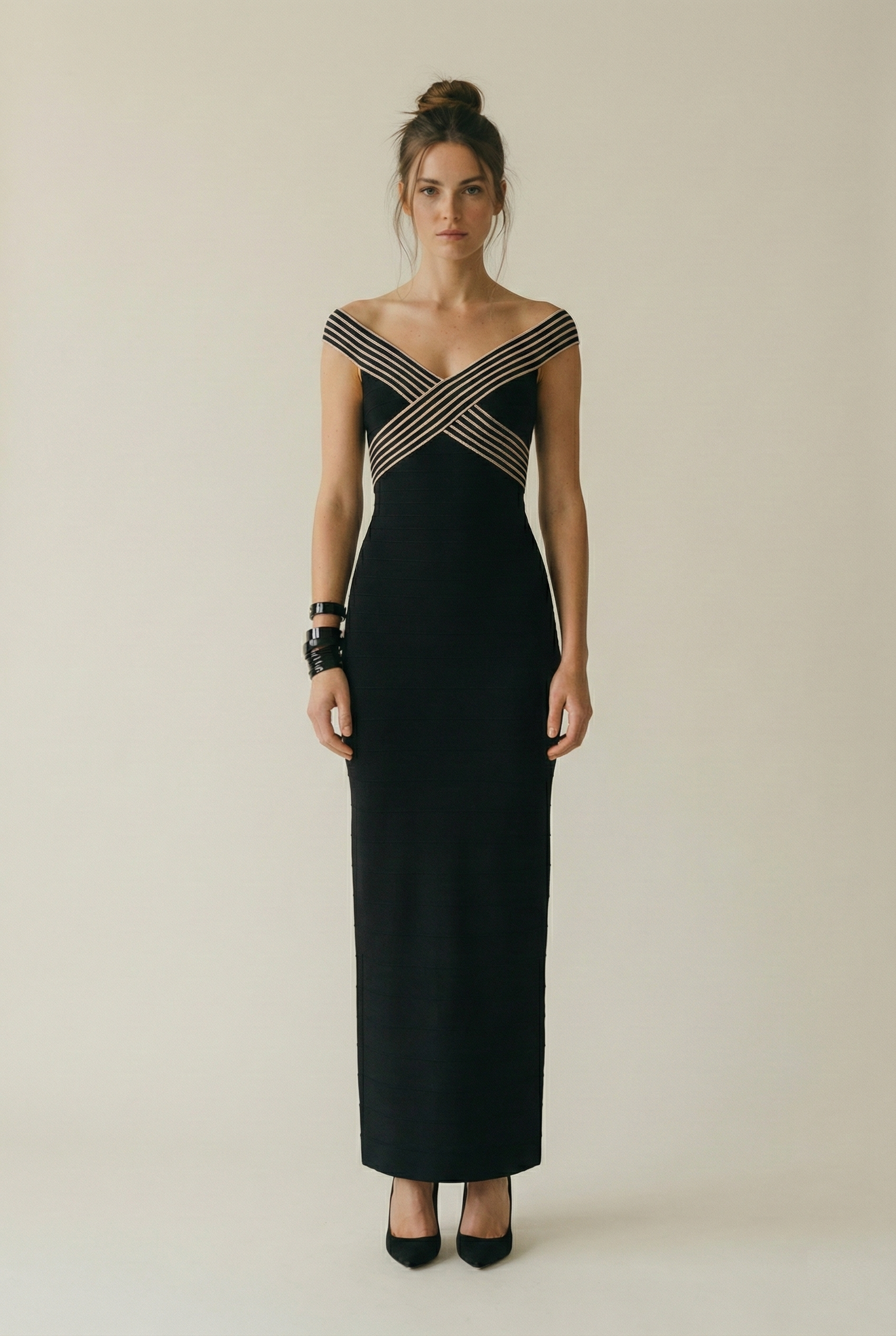 Elisabetta Franchi Abito lungo in maglia con bande rigate AM75S61E2 NERO/BURRO