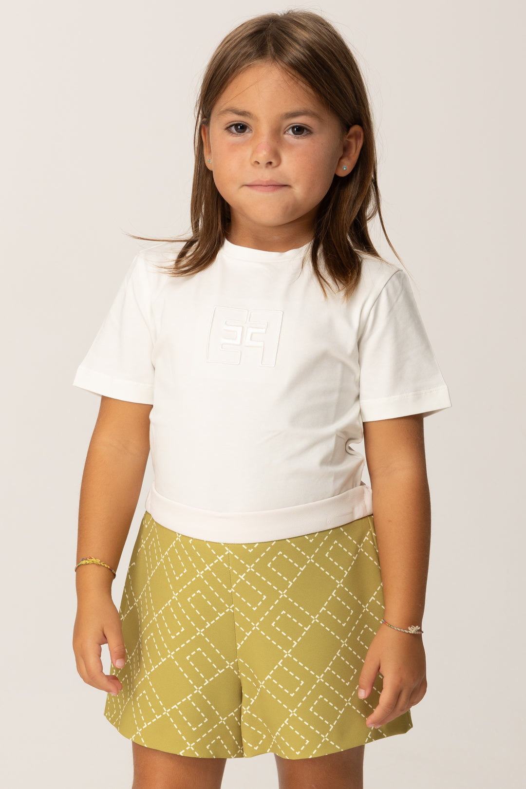 Elisabetta Franchi Bambina T-shirt Basica con Ricamo Ef In Tinta EGTS1010JE006 PANNA CHIARO