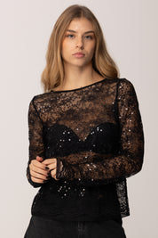Patrizia Pepe Blusa In Pizzo con Paillettes 2M4514 J341 NERO