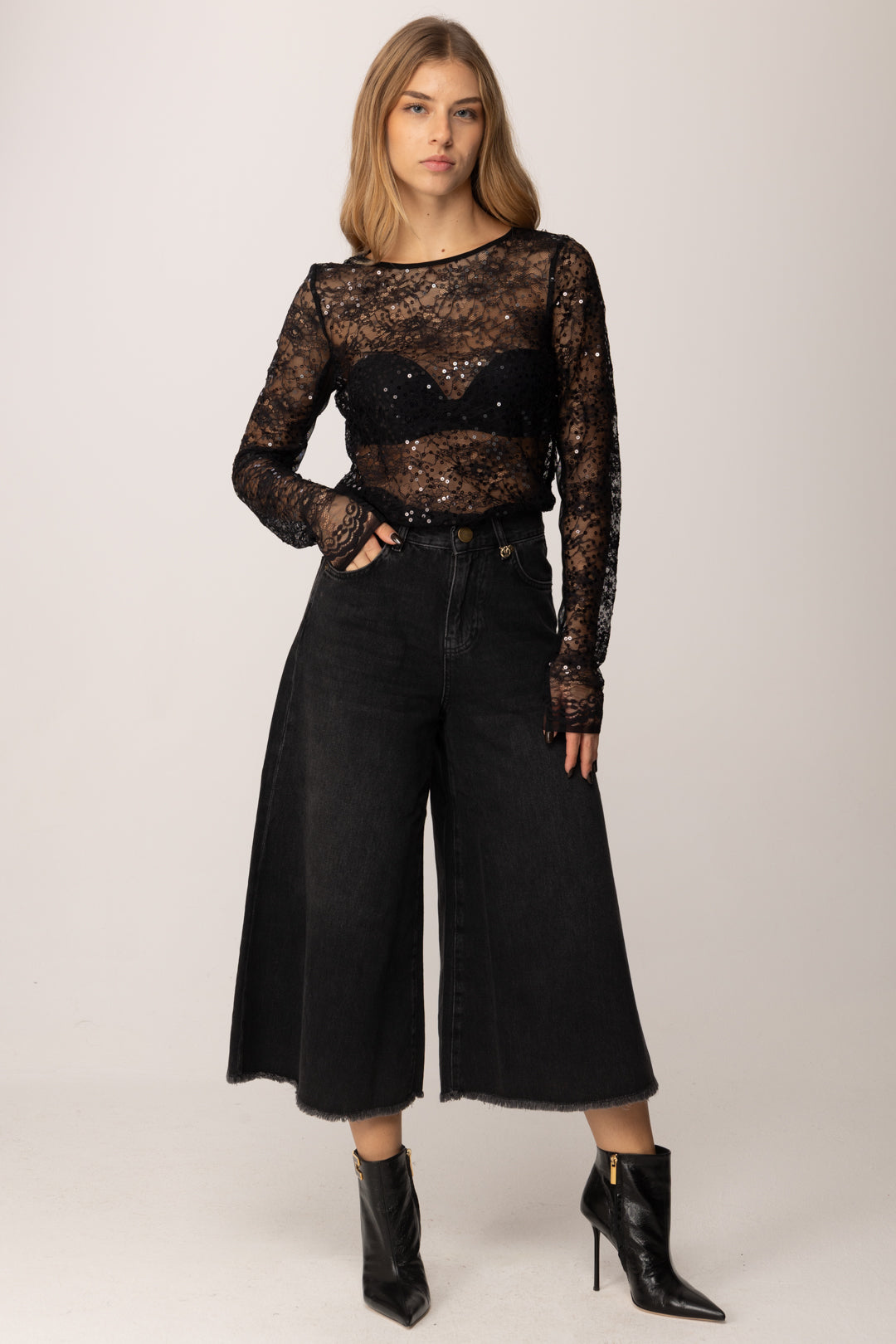 Patrizia Pepe Blusa In Pizzo con Paillettes 2M4514 J341 NERO