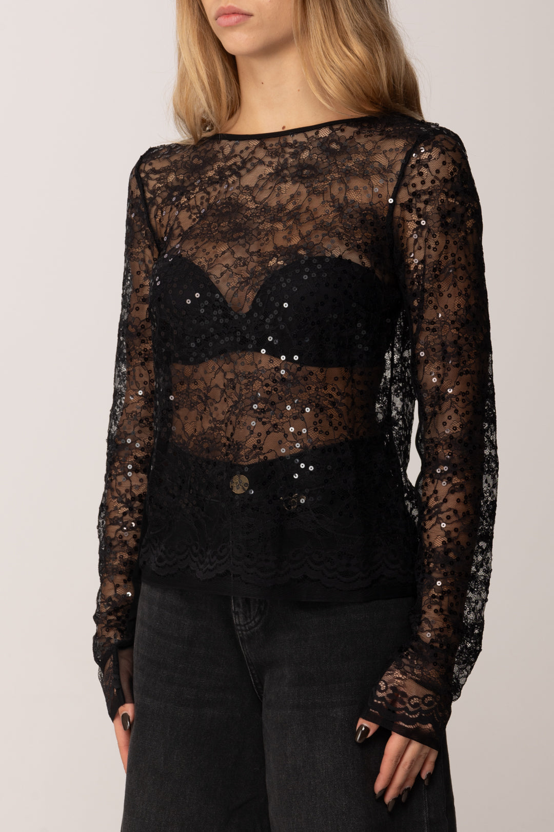 Patrizia Pepe Blusa In Pizzo con Paillettes 2M4514 J341 NERO