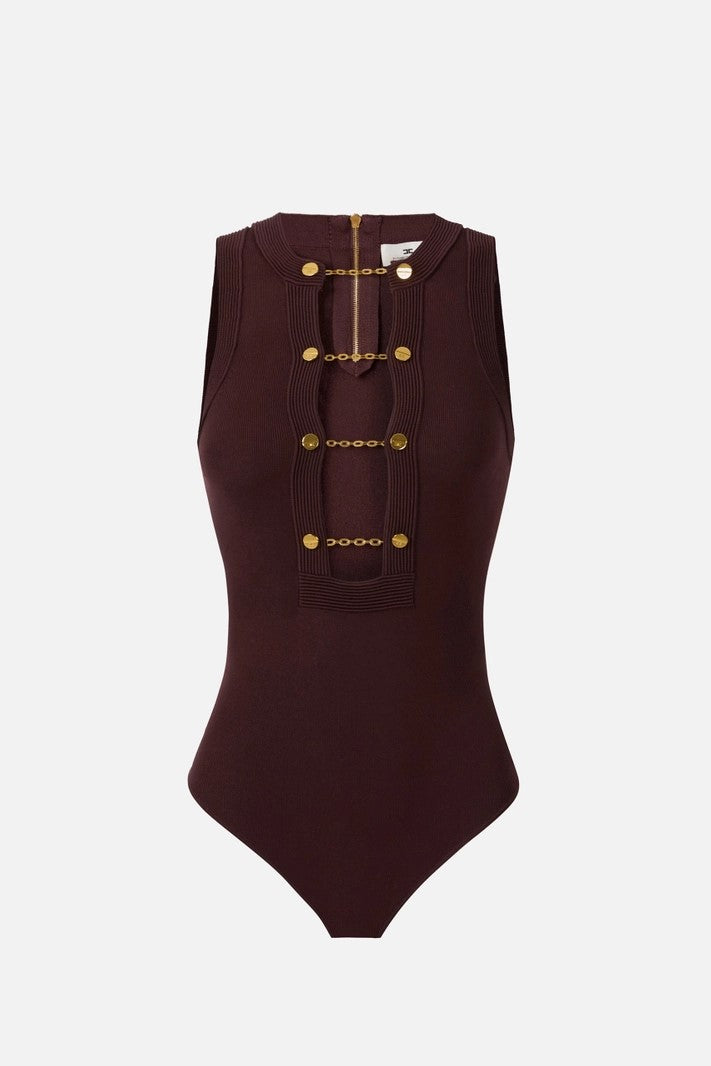 Elisabetta Franchi Body In Maglia Smanicato con Gemelli Gioiello MERLOT BK77S57E2