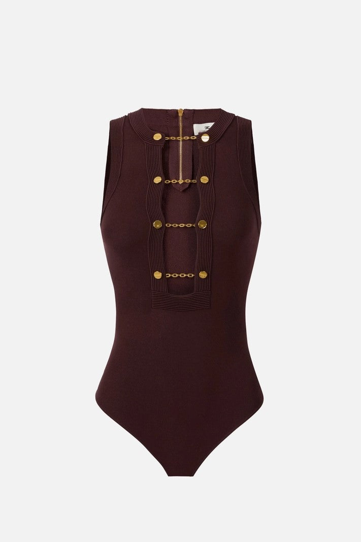 Elisabetta Franchi Body In Maglia Smanicato con Gemelli Gioiello MERLOT BK77S57E2