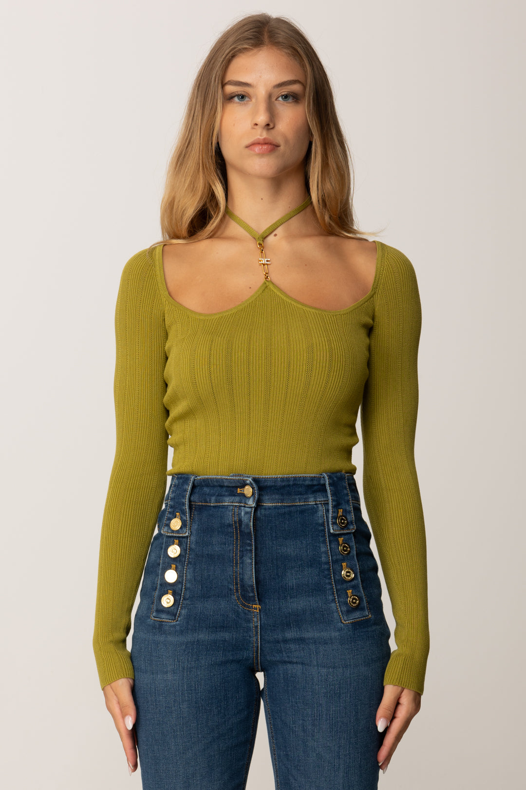 Elisabetta Franchi Body In Maglia con Allaccio Al Collo BK76B56E2 IGUANA