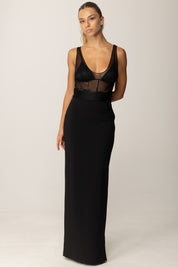 Elisabetta Franchi Body In Tulle con Dettagli In Vinile e Jersey BO00256E2 NERO
