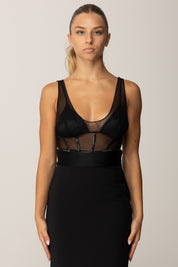 Elisabetta Franchi Body In Tulle con Dettagli In Vinile e Jersey BO00256E2 NERO