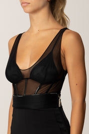Elisabetta Franchi Body In Tulle con Dettagli In Vinile e Jersey BO00256E2 NERO