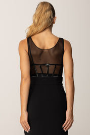 Elisabetta Franchi Body In Tulle con Dettagli In Vinile e Jersey BO00256E2 NERO